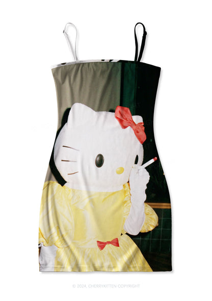 White Kitten Y2K Print Slip Dress Cherrykitten