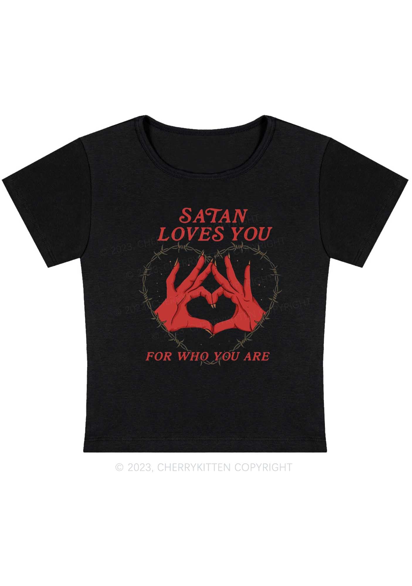 Satan Loves You Heart Halloween Y2K Baby Tee Cherrykitten