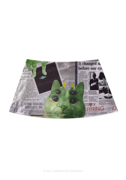 Green Alien Kitten Y2K Print Mini Skirt Cherrykitten