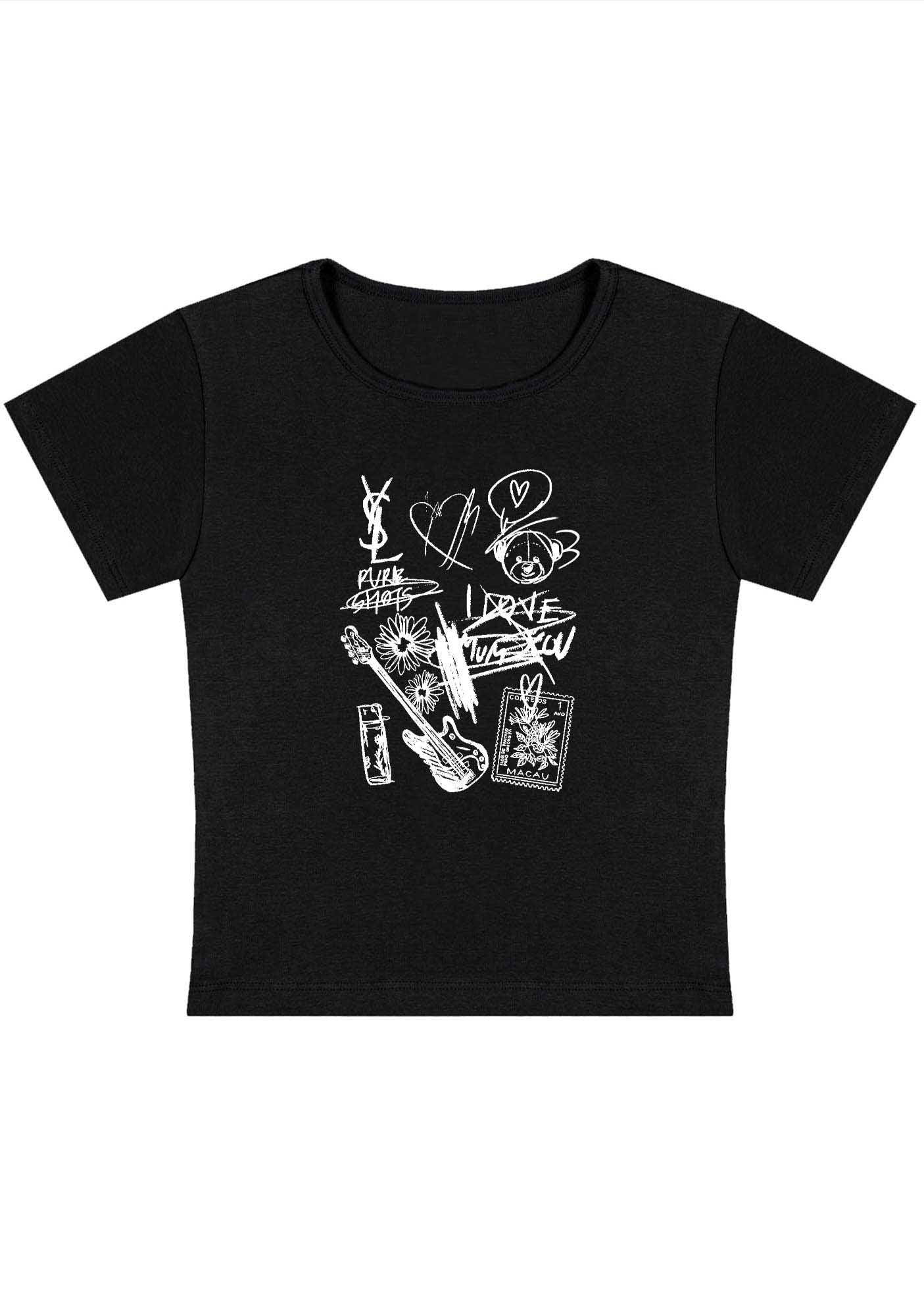 Curvy Heart Bear Guitar Stamp Baby Tee