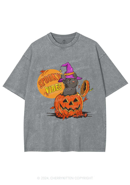 Halloween Spooky Vibes Cat Y2K Washed Tee Cherrykitten