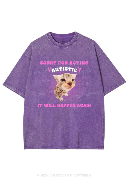 Sorry For Acting Autistic Cat Y2K Washed Tee Cherrykitten