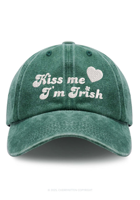 Embroidered Kiss Me St Patricks Y2K Washed Baseball Cap Cherrykitten