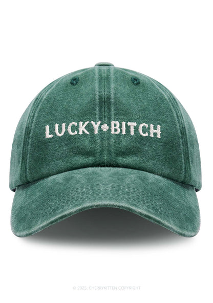 Embroidered Lucky Bxxch St Patricks Y2K Washed Baseball Cap Cherrykitten