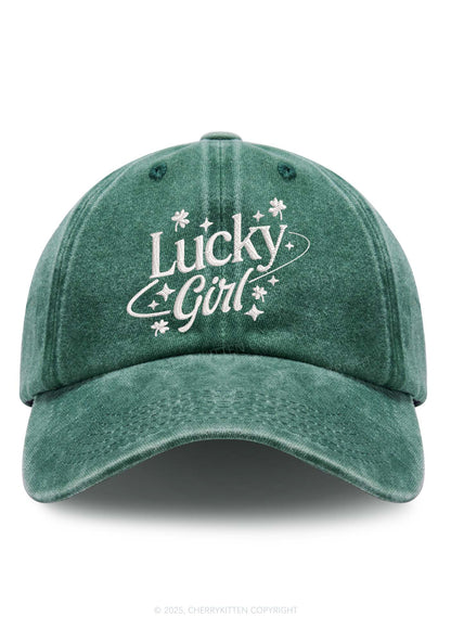 Embroidered Lucky Girl Star St Patricks Y2K Washed Baseball Cap Cherrykitten