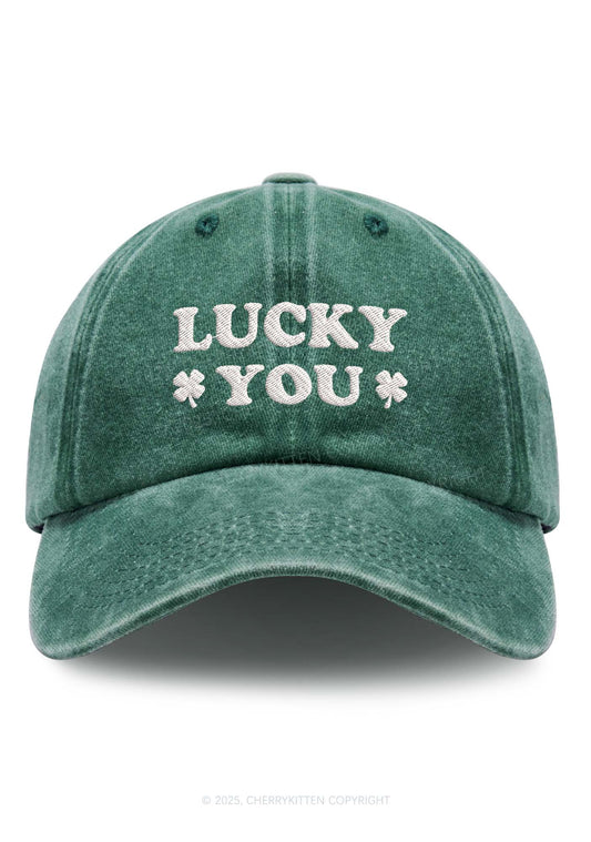 Embroidered Lucky Green St Patricks Y2K Washed Baseball Cap Cherrykitten