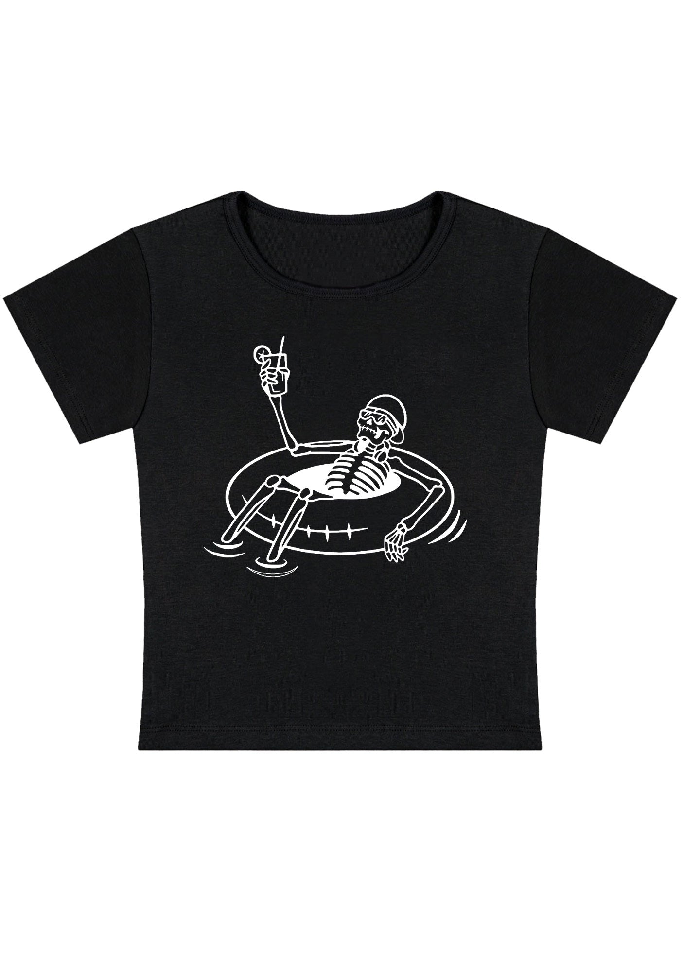 Halloween Skeleton Lying On Swimming Ring Y2K Baby Tee