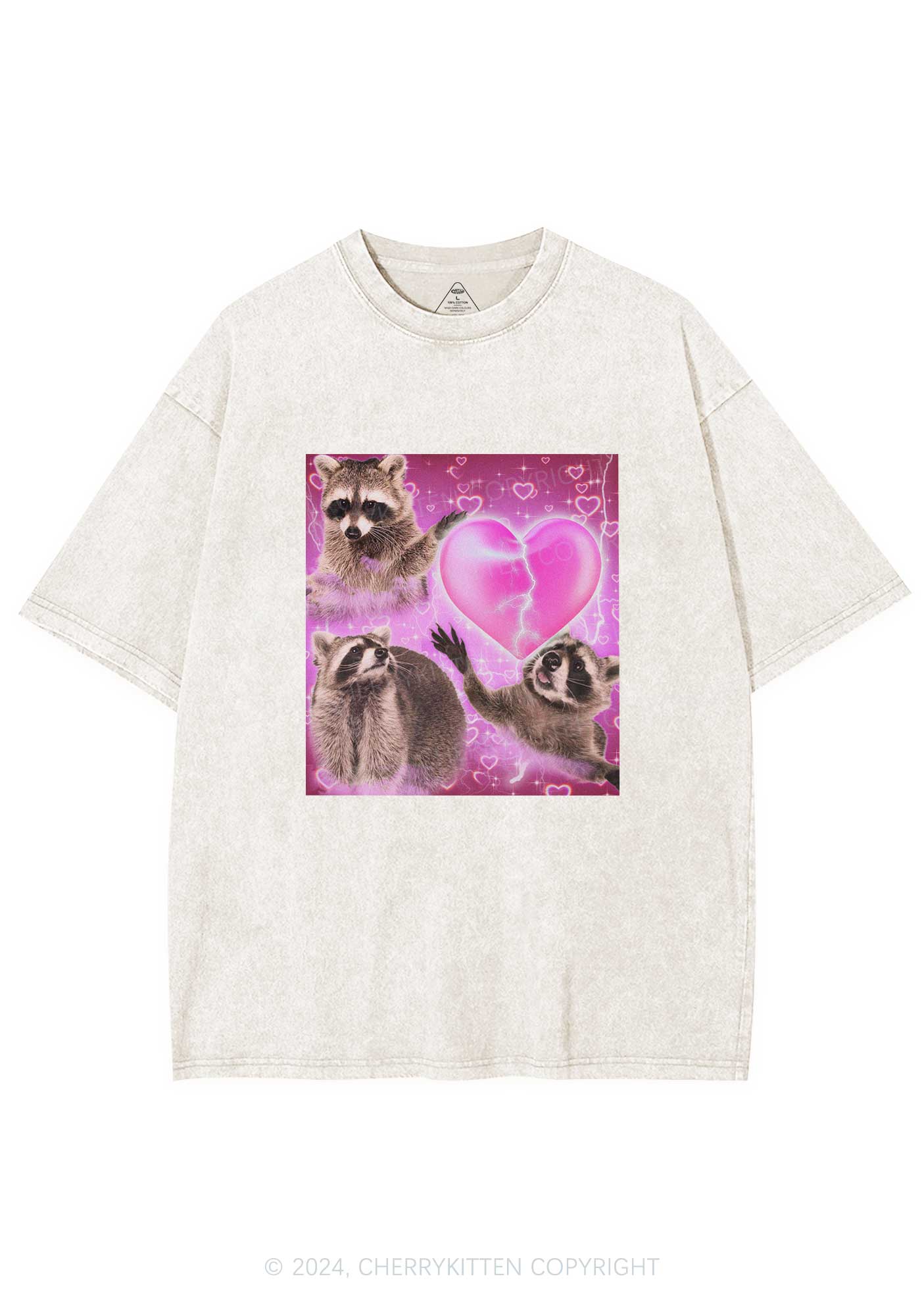 Pink Heart Raccoon Y2K Valentine's Day Washed Tee Cherrykitten