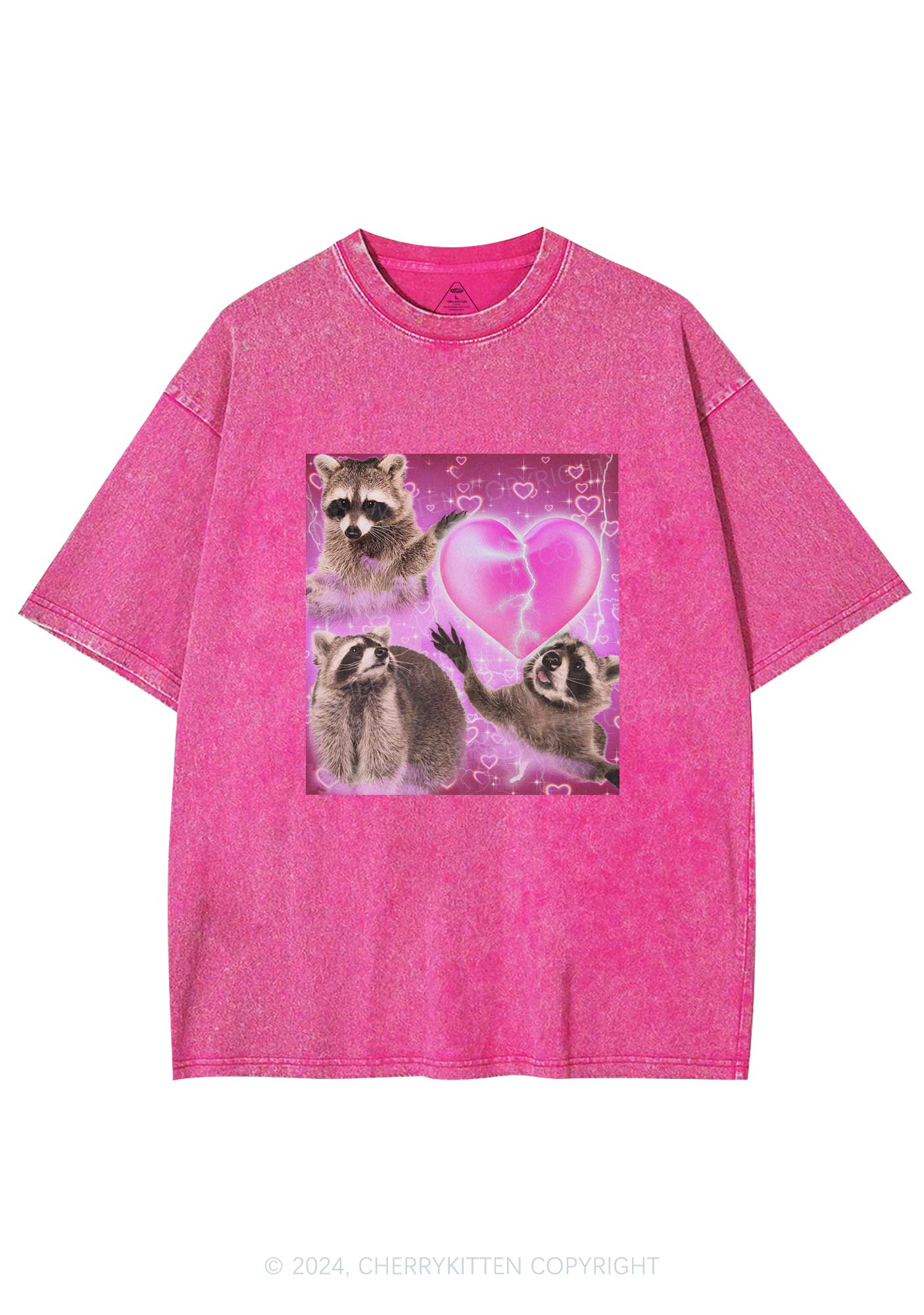 Pink Heart Raccoon Y2K Valentine's Day Washed Tee Cherrykitten