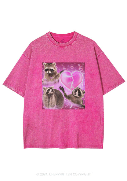 Pink Heart Raccoon Y2K Valentine's Day Washed Tee Cherrykitten