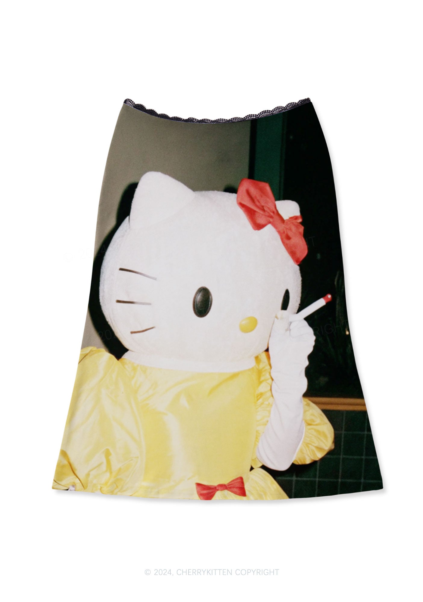 White Kitten Y2K Print Midi Skirt Cherrykitten