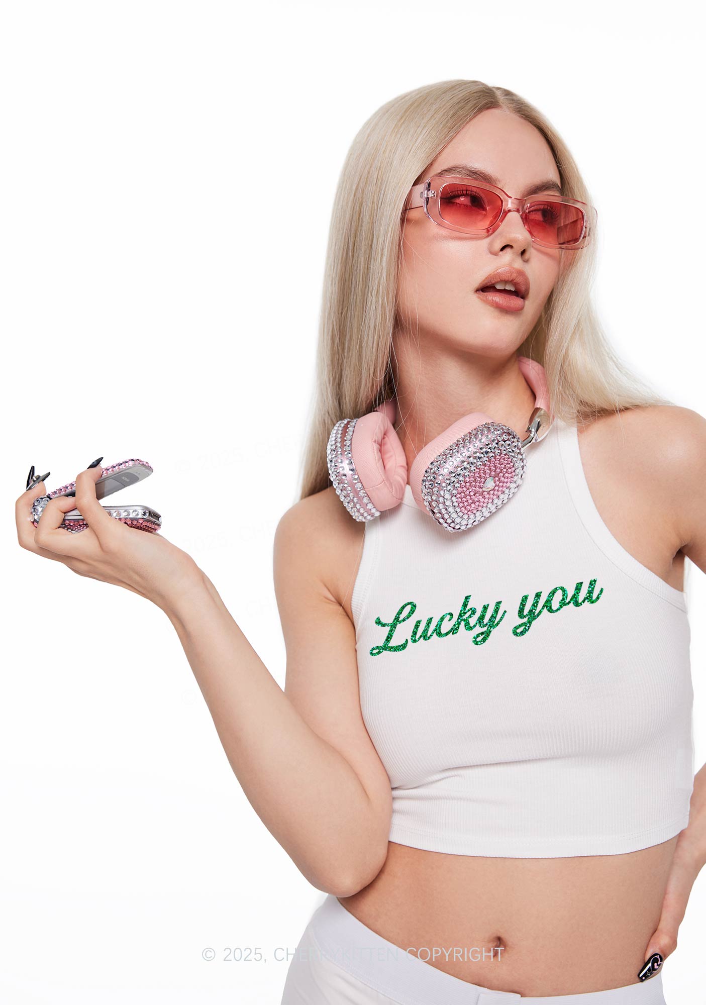 Glitter Lucky You Y2K Crop Tank Top Cherrykitten