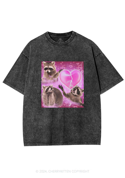 Pink Heart Raccoon Y2K Valentine's Day Washed Tee Cherrykitten