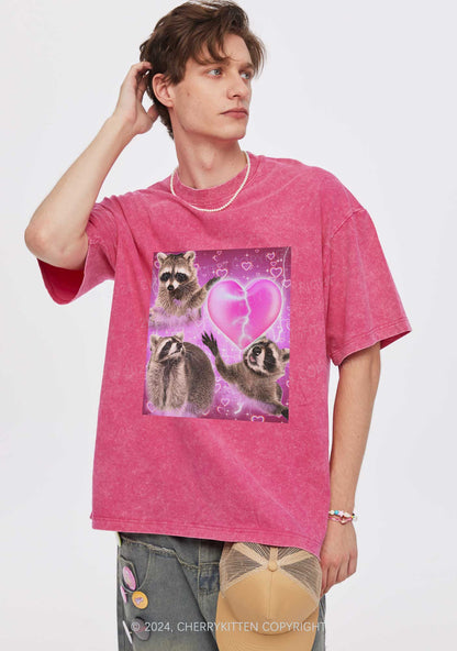 Pink Heart Raccoon Y2K Valentine's Day Washed Tee Cherrykitten