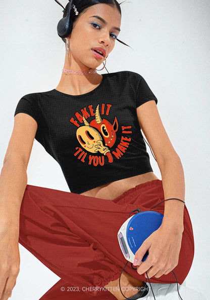 Fake It Til You Make It Halloween Y2K Baby Tee Cherrykitten