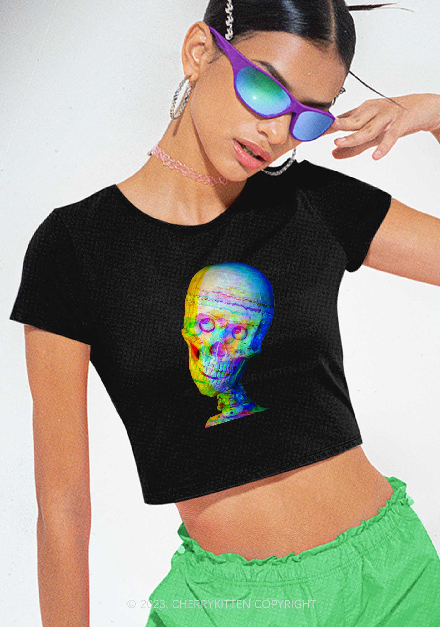 Rainbow Skull Halloween Y2K Baby Tee Cherrykitten