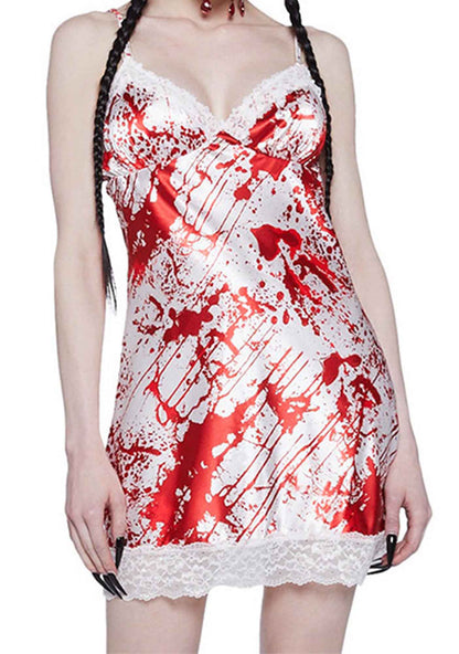 Halloween Bloodstain Print Lace Slip Dress Y2K Cosplay Costume