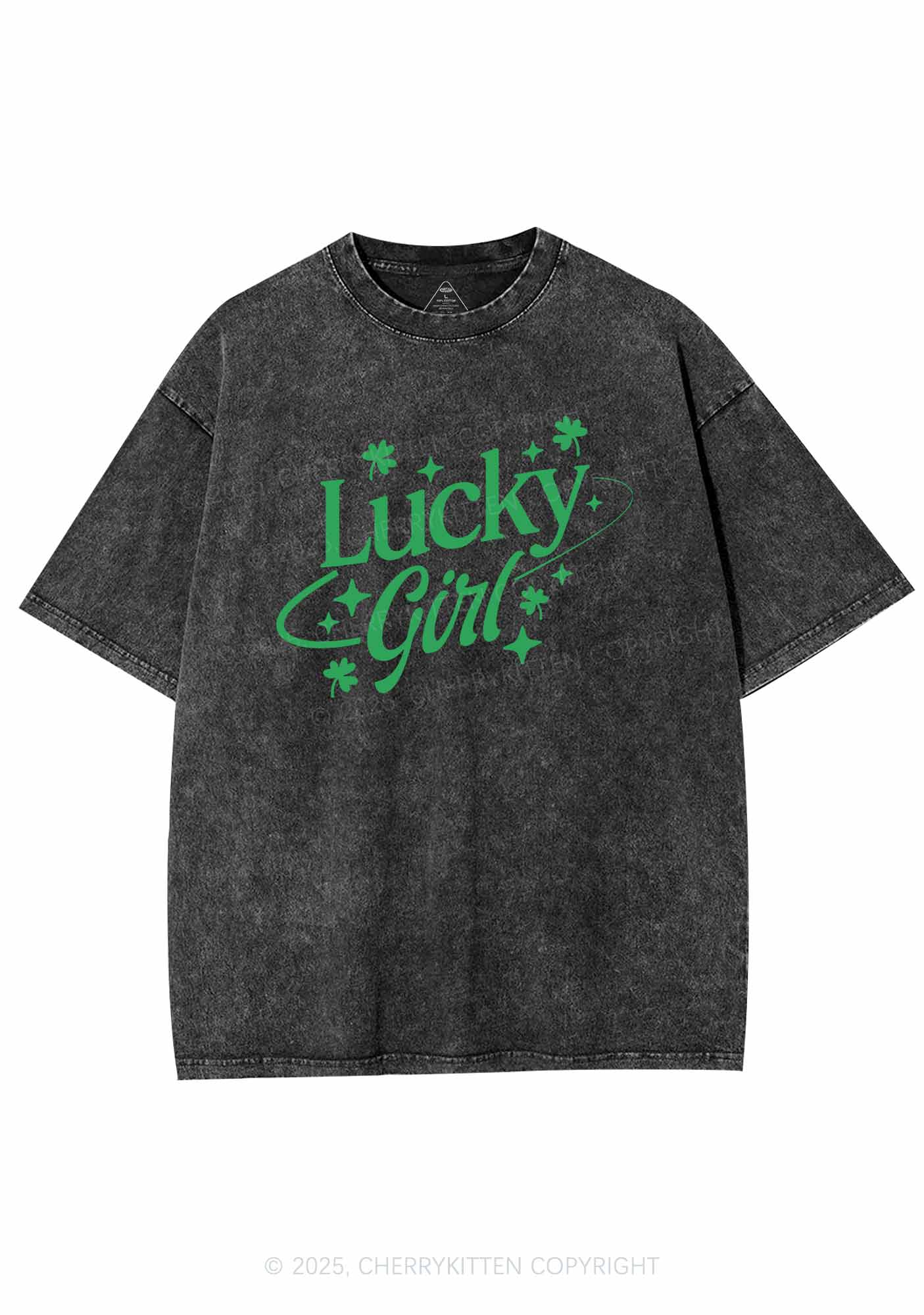 Lucky Girl Star Clover St Patricks Y2K Washed Tee Cherrykitten