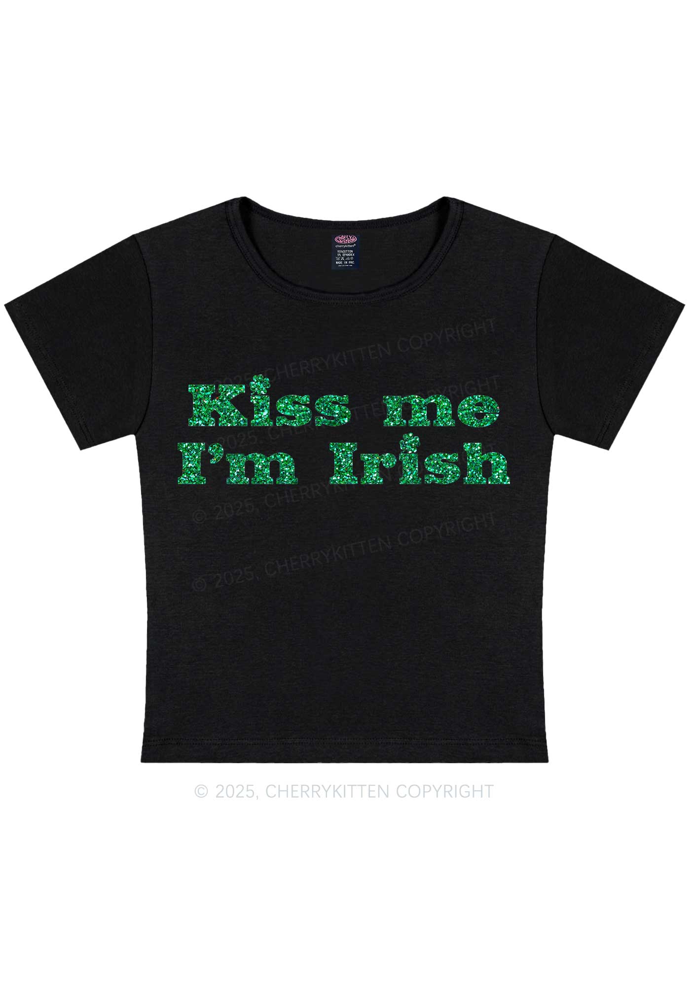 Glitter Kiss Me St Patricks Y2K Baby Tee Cherrykitten