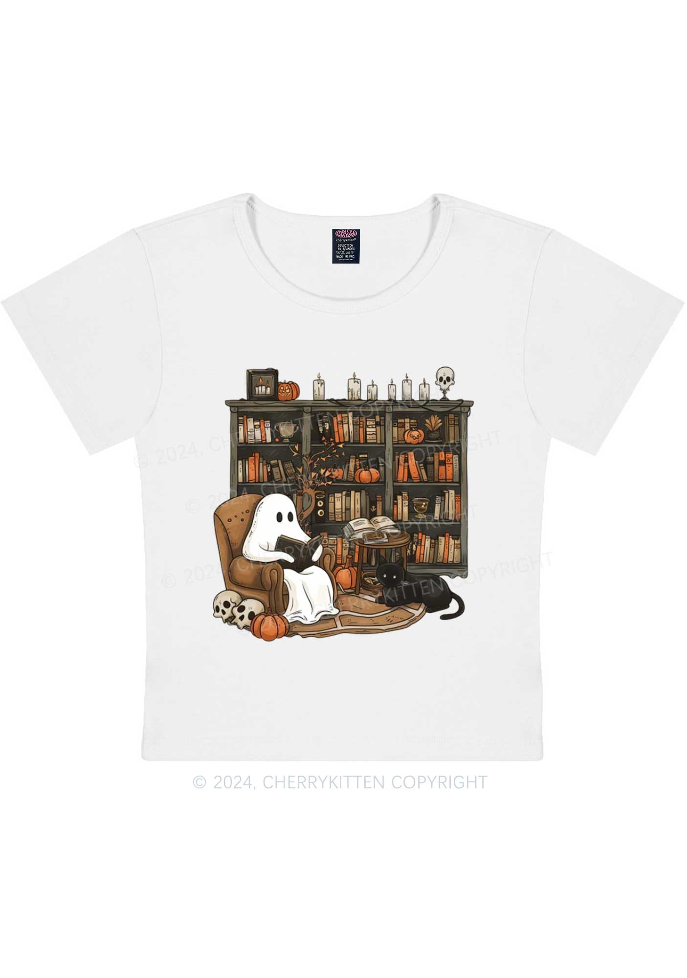 Halloween Ghost Reading Y2K Baby Tee Cherrykitten