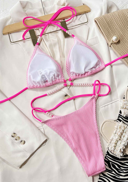 Halter Ribbed Pearls Two Pieces Bikini Set