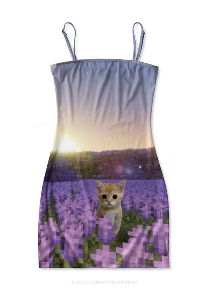 Lavender Kitten Y2K Print Slip Dress Cherrykitten