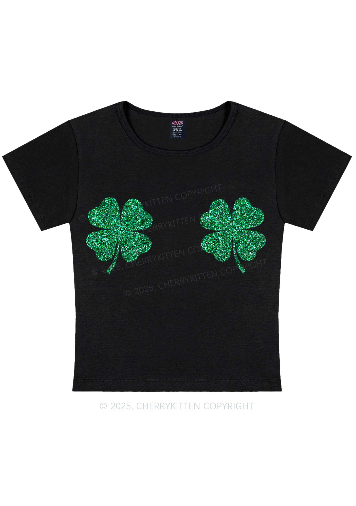 Glitter Four Leaf Clover St Patricks Y2K Baby Tee Cherrykitten