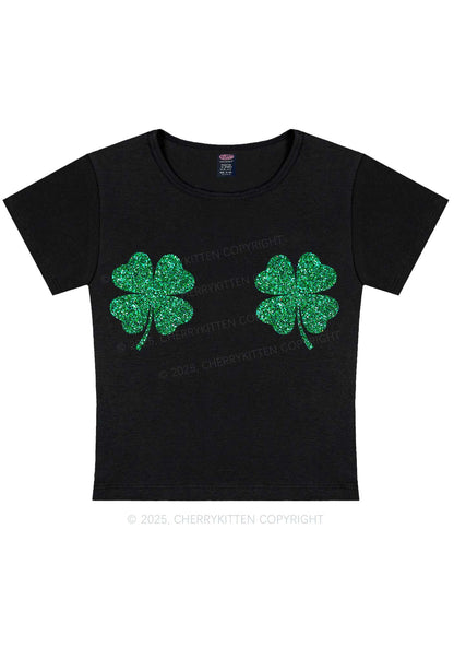 Glitter Four Leaf Clover St Patricks Y2K Baby Tee Cherrykitten