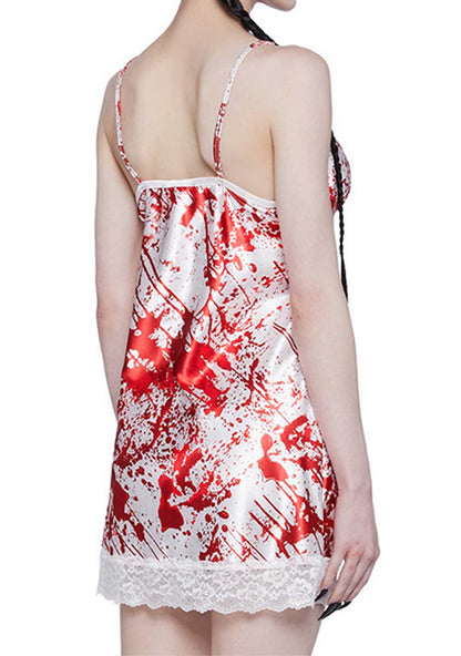 Halloween Bloodstain Print Lace Slip Dress Y2K Cosplay Costume