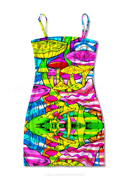 Trippy Colorful Mushrooms Y2K Print Slip Dress Cherrykitten