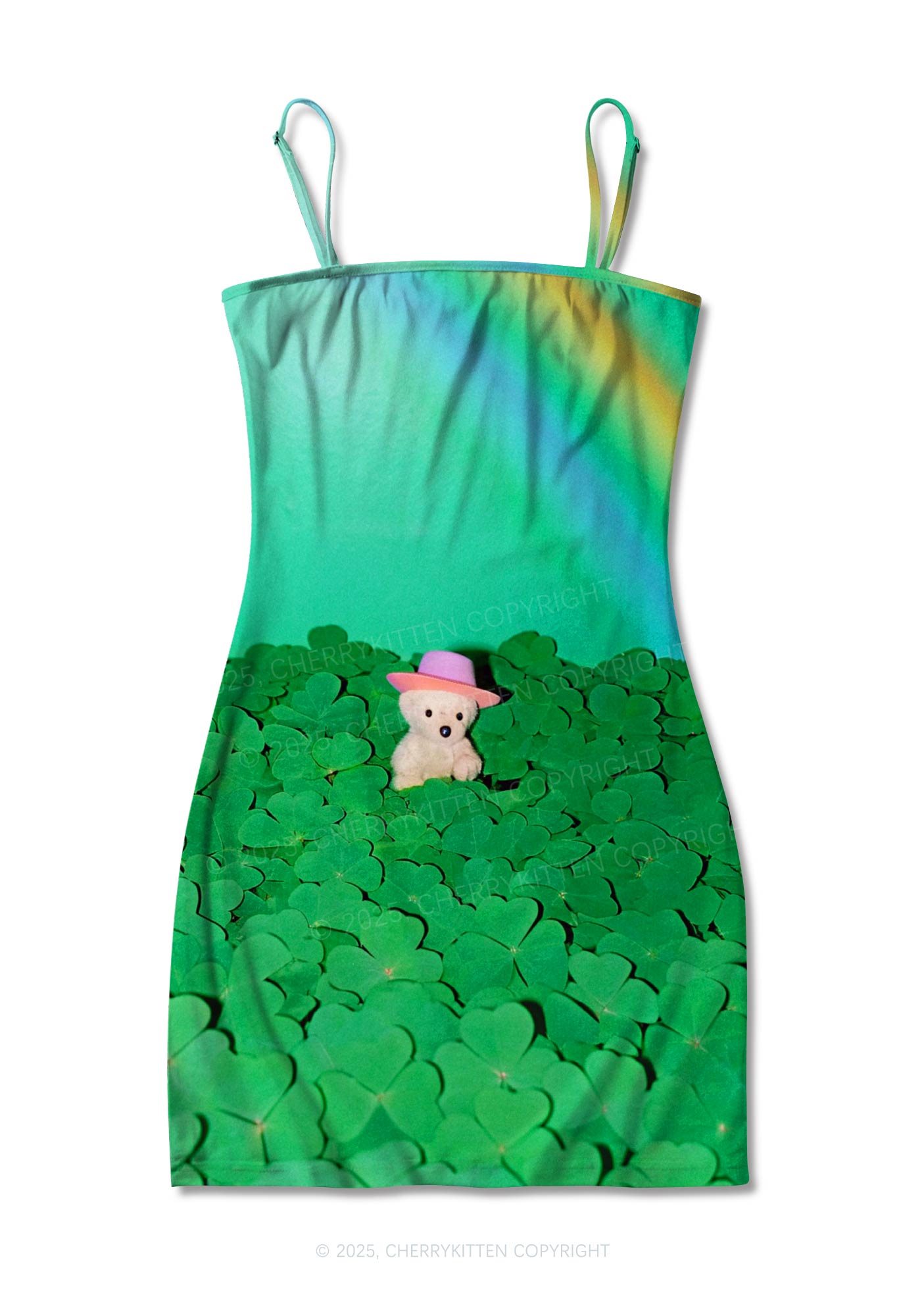 Clover Bear St Patricks Y2K Print Slip Dress Cherrykitten