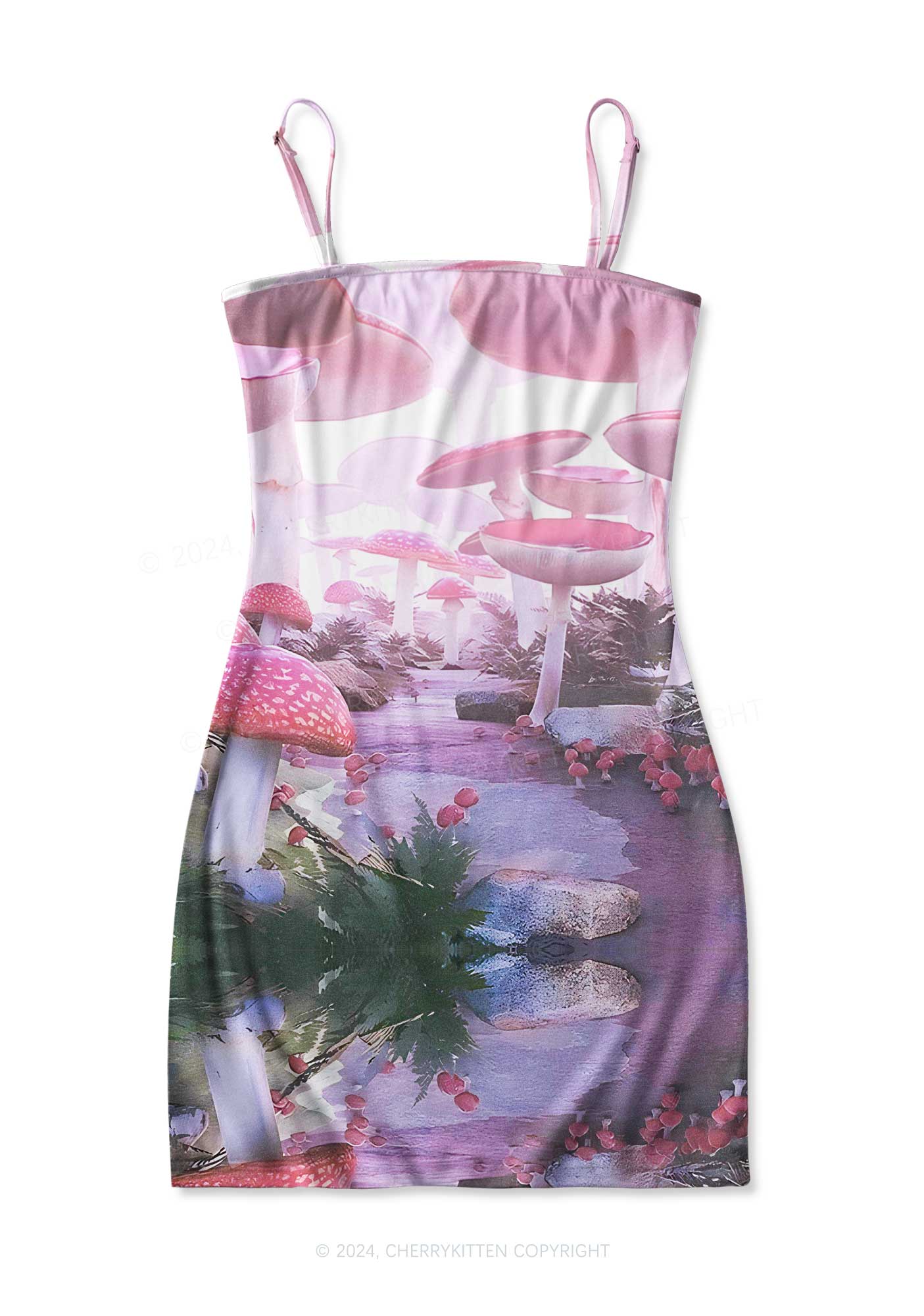 Pink Mushroom Y2K Print Slip Dress Cherrykitten