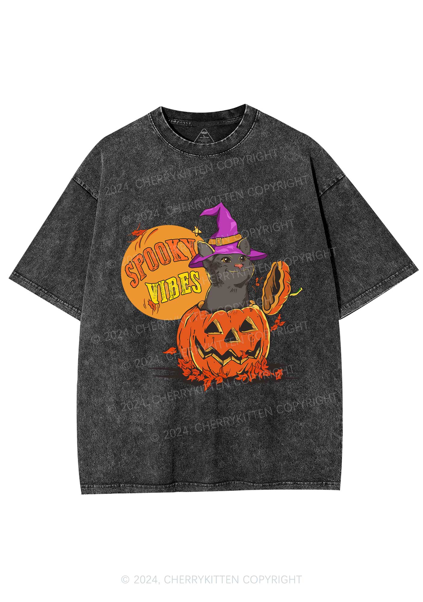 Halloween Spooky Vibes Cat Y2K Washed Tee Cherrykitten