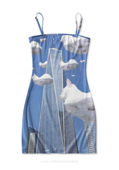 Flying Cats Y2K Print Slip Dress Cherrykitten