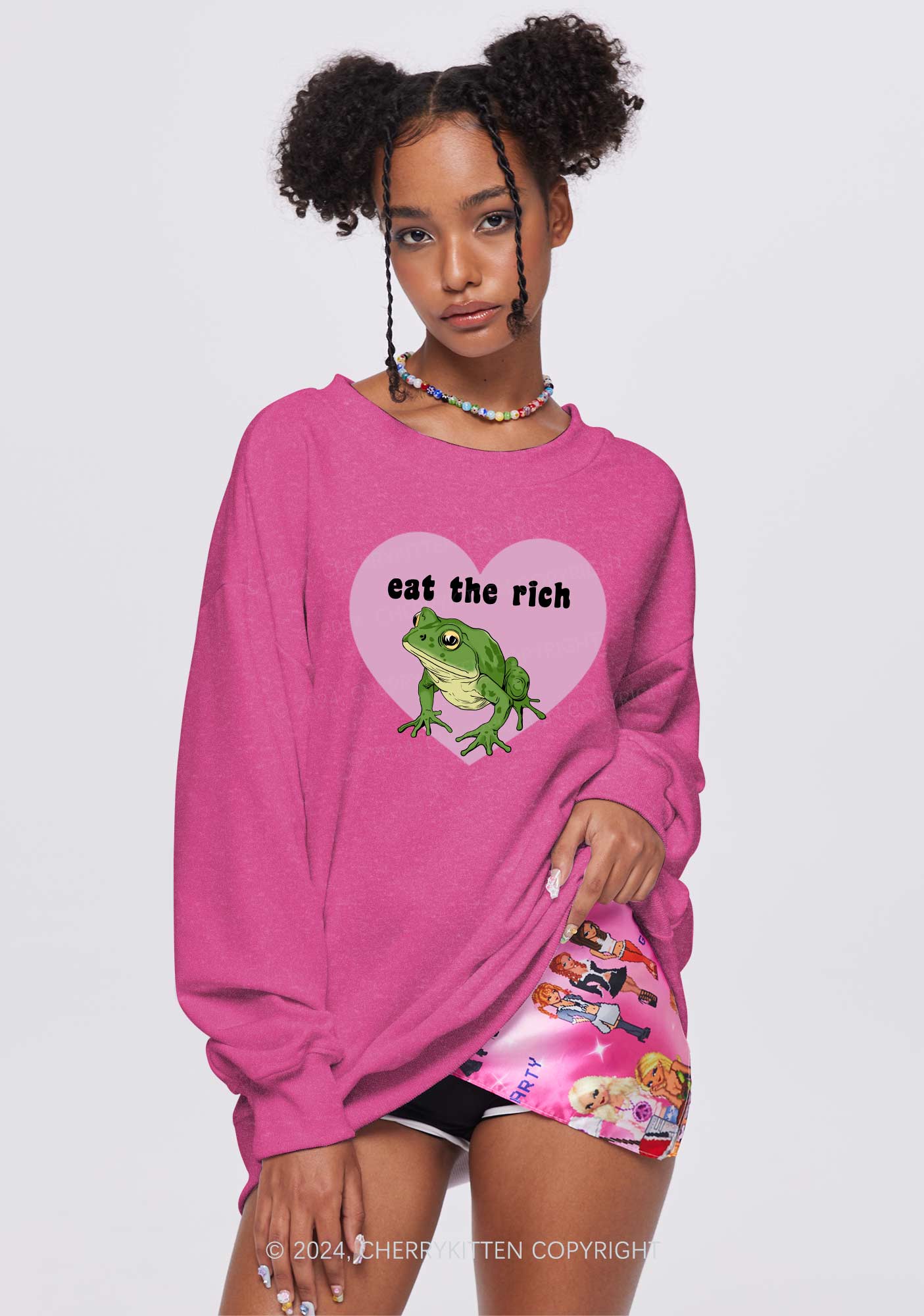 Eat The Rich Frog Y2K Washed Sweatshirts Cherrykitten