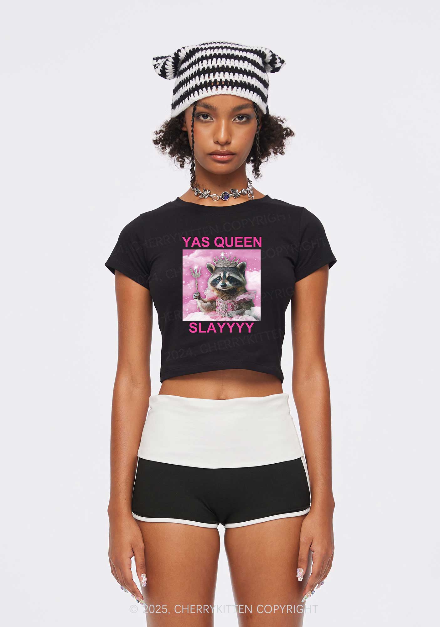 Yas Queen Slay Raccoon Y2K Baby Tee Cherrykitten