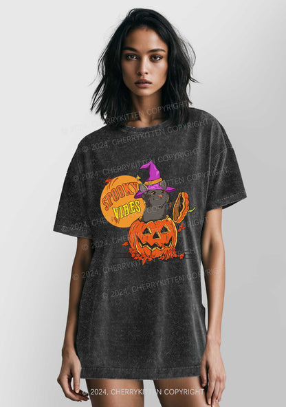 Halloween Spooky Vibes Cat Y2K Washed Tee Cherrykitten