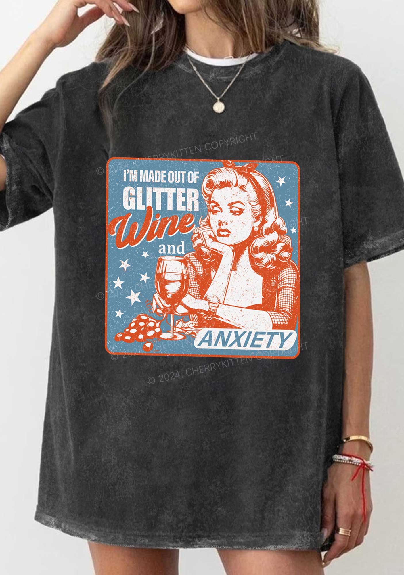 Glitter Wine And Anxiety Y2K Washed Tee Cherrykitten