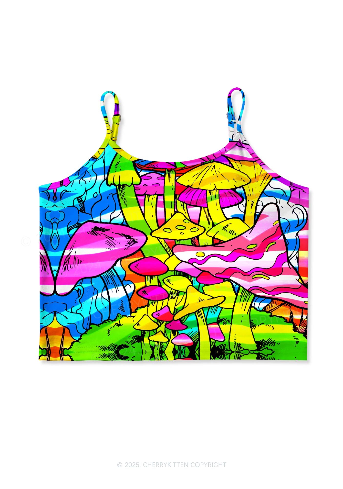 Trippy Colorful Mushrooms Y2K Print Cami Crop Top Cherrykitten