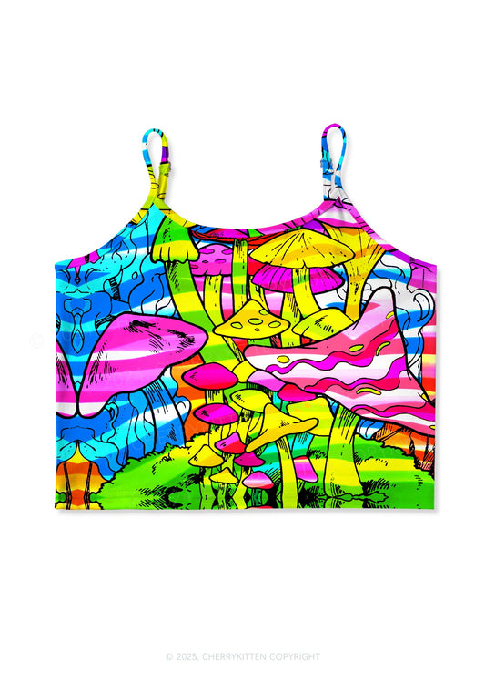 Trippy Colorful Mushrooms Y2K Print Cami Crop Top Cherrykitten