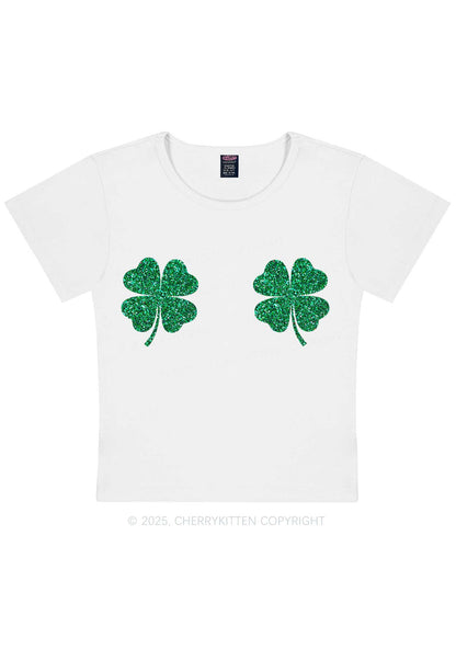 Glitter Four Leaf Clover St Patricks Y2K Baby Tee Cherrykitten