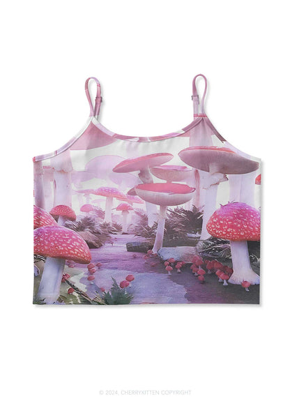 Pink Mushroom Y2K Print Cami Crop Top Cherrykitten