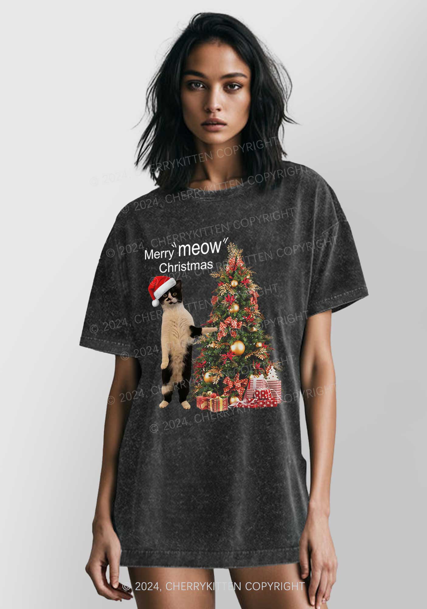 Merry Meow Christmas Y2K Washed Tee Cherrykitten