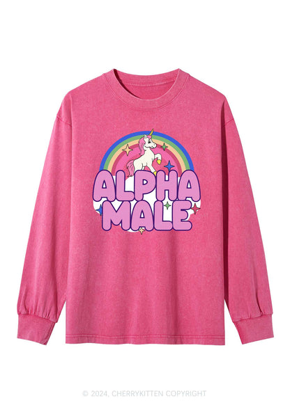 Rainbow Unicorn Alpha Male Y2K Washed Long Sleeves Cherrykitten