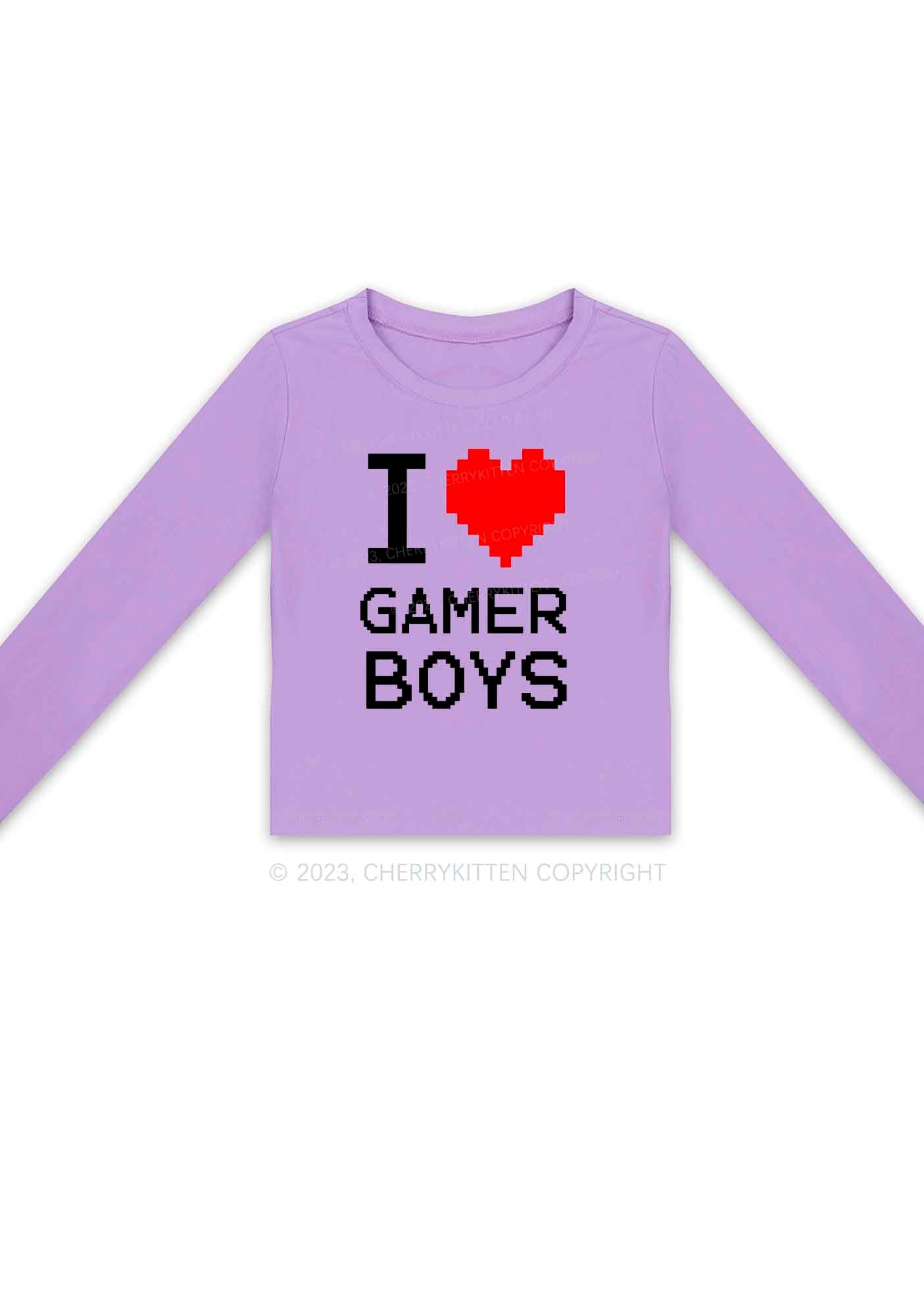 I Love Gamer Boys Y2K Long Sleeve Crop Top Cherrykitten