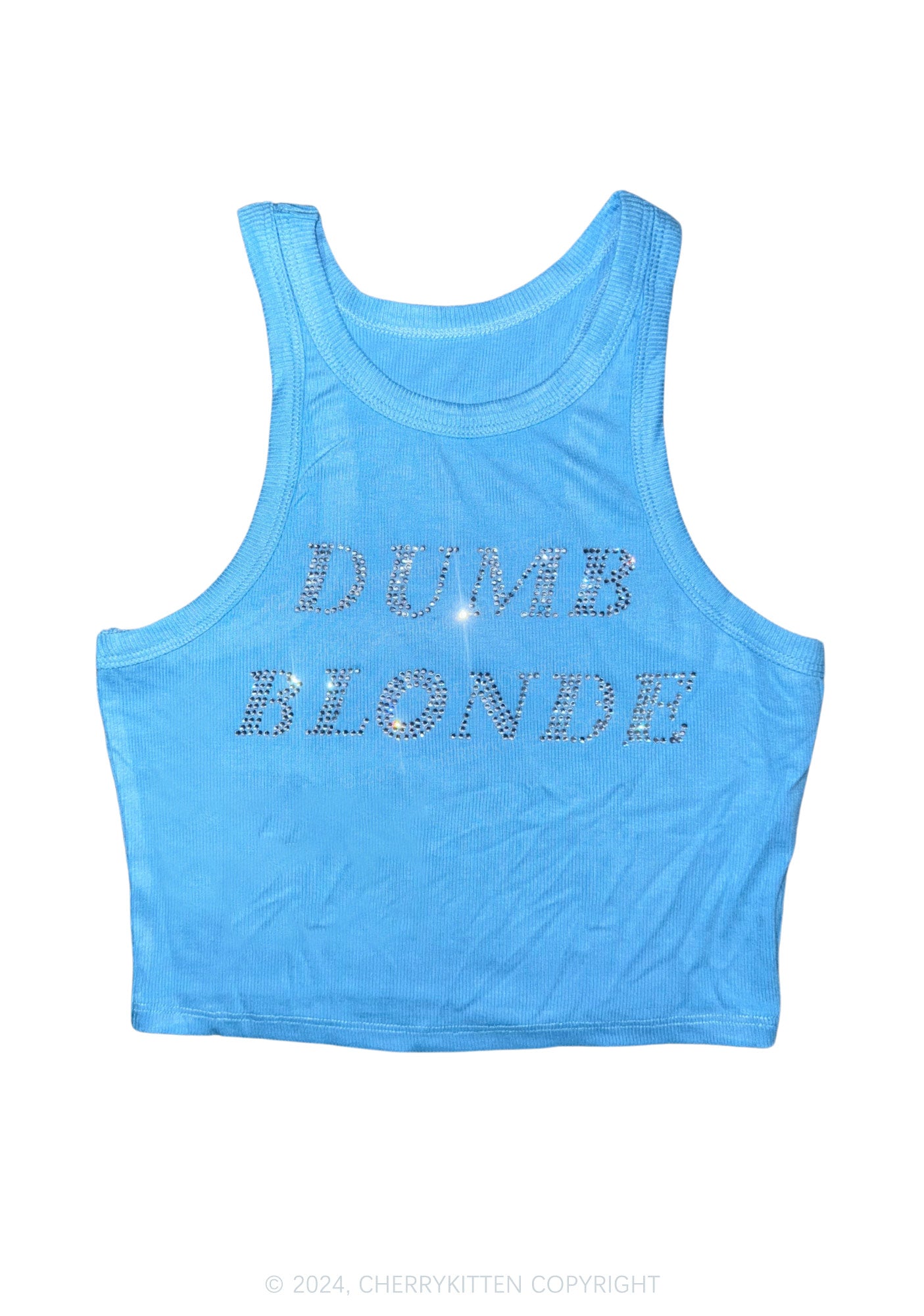 Rhinestone Dumb Blonde Y2K Crop Tank Top Cherrykitten