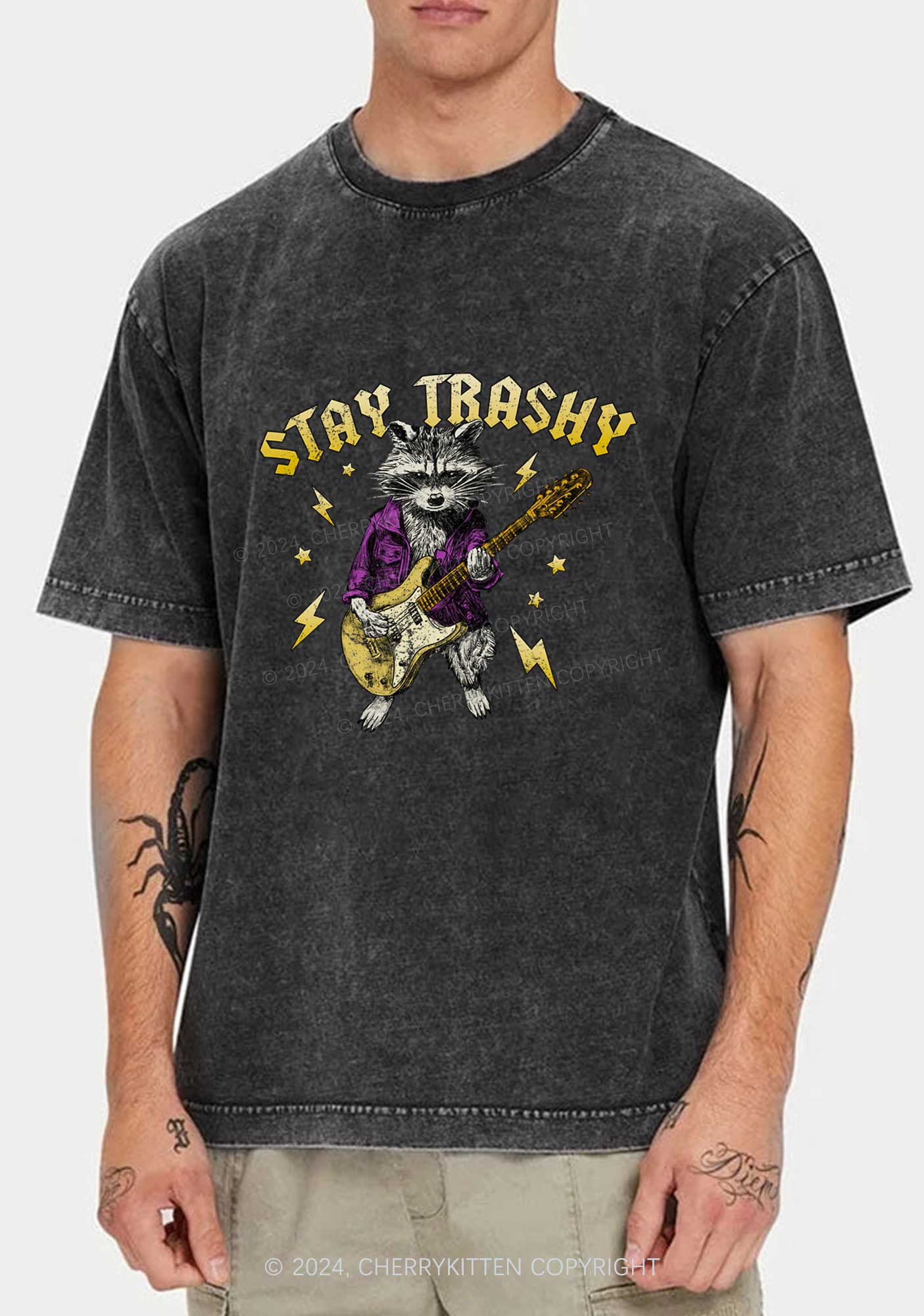 Stay Trashy Guitar Raccoon Y2K Washed Tee Cherrykitten