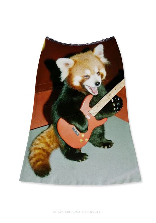 Guitar Raccoon Y2K Print Midi Skirt Cherrykitten