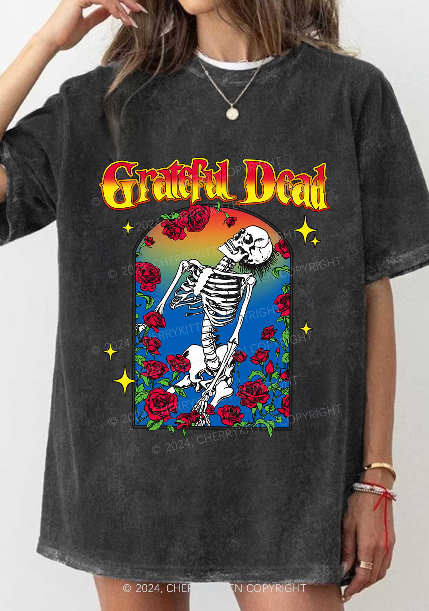 Halloween Skeleton Rose Y2K Washed Tee Cherrykitten