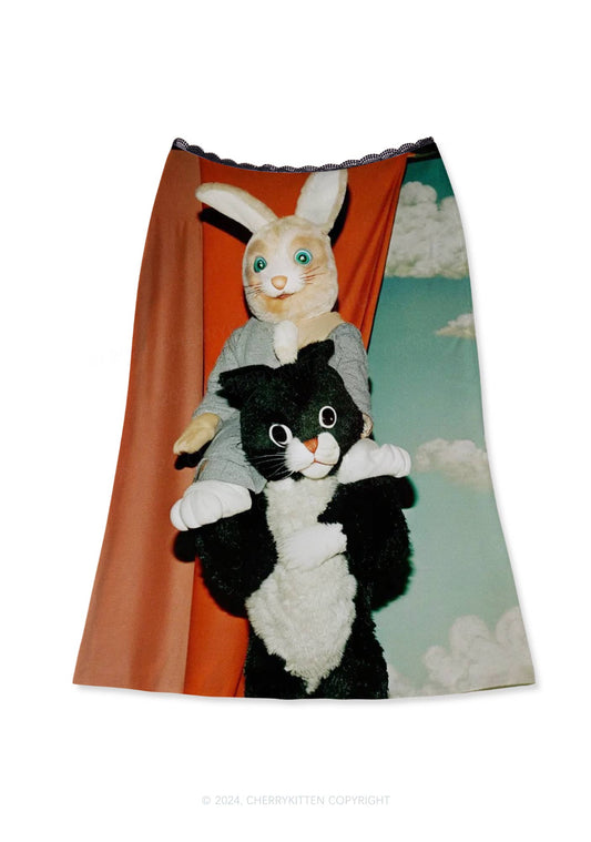 Cat Bunny Y2K Print Midi Skirt Cherrykitten